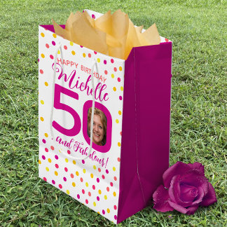 Bolsa De Regalo Mediana 50 años colorida foto de confeti amarillo rosa