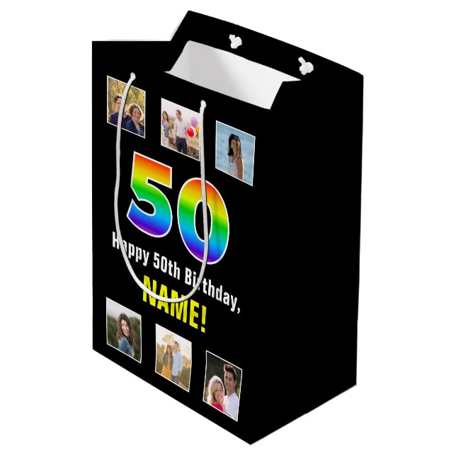 Bolsa De Regalo Mediana 50° cumpleaños: Arcoiris "50", fotos y nombre de P (Angulo reverso)