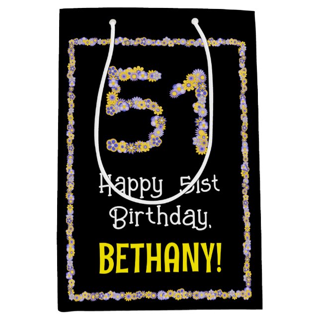 Bolsa De Regalo Mediana 51.º cumpleaños: número de flores florales, nombre (Anverso)