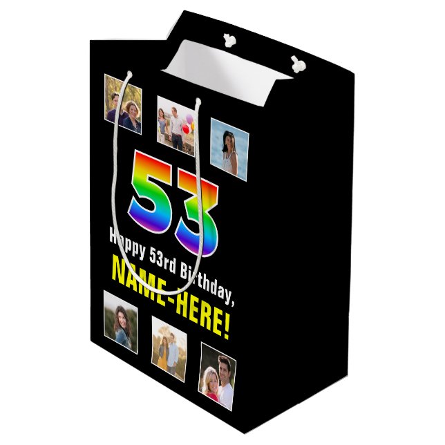 Bolsa De Regalo Mediana 53 Cumpleaños: Arcoíris “53“, Fotos Personalizadas (Angulo reverso)