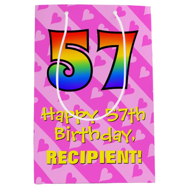 Bolsa De Regalo Mediana 57º cumpleaños: Rayas de corazón rosadas divertida (Anverso)