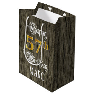 Bolsa De Regalo Mediana 57.º cumpleaños: Faux Gold Look & Faux Wood Patter