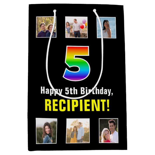 Bolsa De Regalo Mediana 5.º cumpleaños: Arcoiris "5", fotos y nombre de Pe (Anverso)