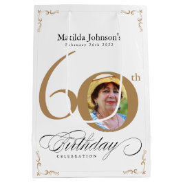 Bolsa De Regalo Mediana 60.ª caligrafía de cumpleaños Foto blanca de oro