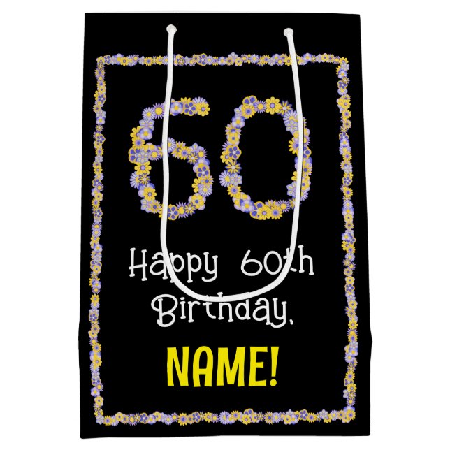 Bolsa De Regalo Mediana 60.º cumpleaños: Flores florales, nombre personali (Reverso)