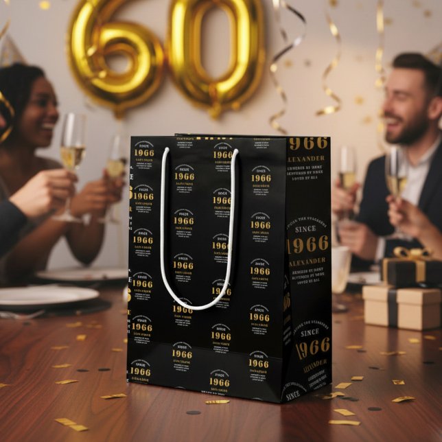 Bolsa De Regalo Mediana 60th Birthday 1966 Black Gold Chic Elegant (Born 1966 birthday gift bag. Background out of focus.)