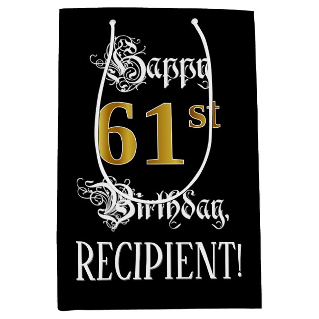 Bolsa De Regalo Mediana 61st Cumpleaños ~ Guión Fancy; Mirada Faux Gold; N (Anverso)