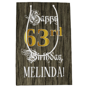 Bolsa De Regalo Mediana 63 Aniversario: Faux Gold Look & Faux Wood Pattern