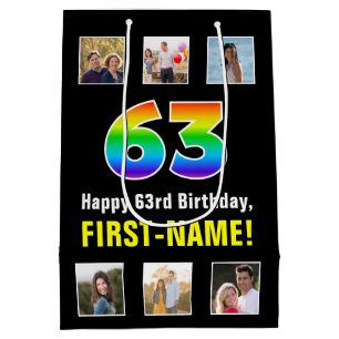 Bolsa De Regalo Mediana 63° cumpleaños: Arcoiris "63", fotos y nombre de P