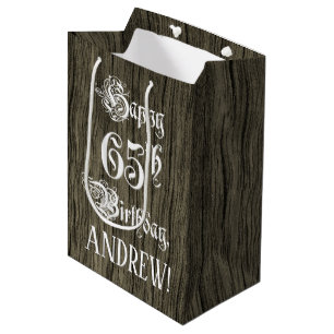 Bolsa De Regalo Mediana 65º cumpleaños: Fancy, Faux Wood Look + Custom Nam