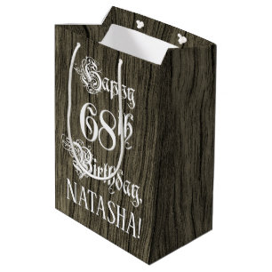 Bolsa De Regalo Mediana 68º cumpleaños: Fancy, Faux Wood Look + Custom Nam