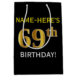 Bolsa De Regalo Mediana 69.o cumpleaños del oro negro, falso + Nombre de