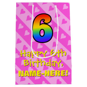 Bolsa De Regalo Mediana 6.º cumpleaños: Rayos de corazón rosados divertido