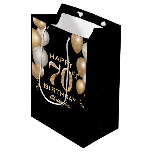 Bolsa De Regalo Mediana 70.ª fiesta de cumpleaños Globos de oro y negro (Angulo Anverso)