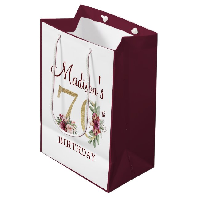 Bolsa De Regalo Mediana 70.º cumpleaños Burgundy Gold Floral personalizado (Angulo Anverso)