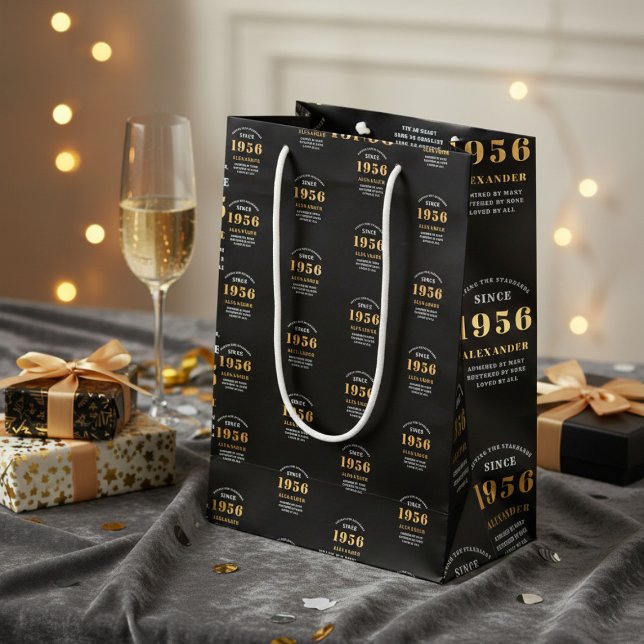 Bolsa De Regalo Mediana 70th Birthday 1956 Black Gold Chic Elegant (Born 1956 birthday gift bag. Background out of focus.)