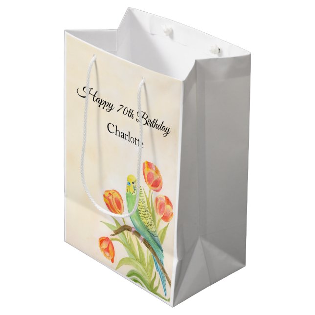 Bolsa De Regalo Mediana 70th Birthday Party Parakeet with Tulips  (Angulo Anverso)