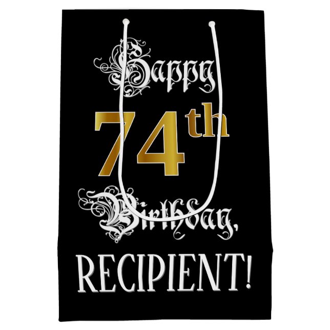 Bolsa De Regalo Mediana 74th Birthday ~ Fancy Script; Faux Gold Look; Name (Reverso)