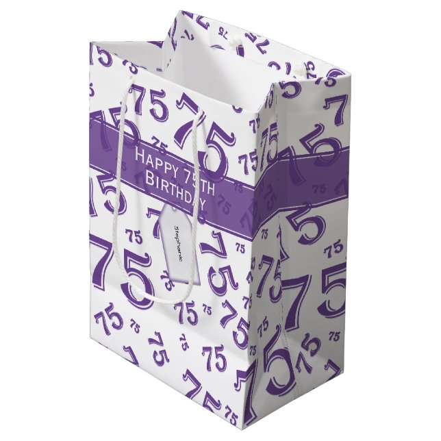 Bolsa De Regalo Mediana 75.º Patrón de números morado/blanco feliz cumplea (Angulo Anverso)