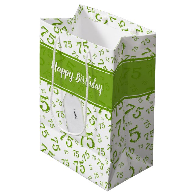 Bolsa De Regalo Mediana 75.º Patrón de números verde/blanco feliz cumpleañ (Angulo Anverso)