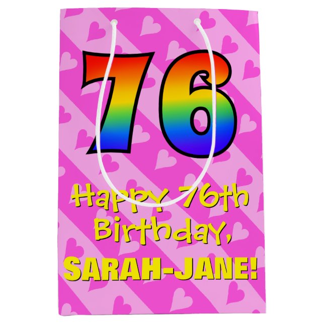 Bolsa De Regalo Mediana 76º cumpleaños: Rayas de corazón rosadas divertida (Anverso)