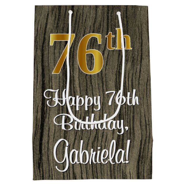 Bolsa De Regalo Mediana 76 Aniversario: Elegante Faux Gold Look #, Faux Wo (Reverso)