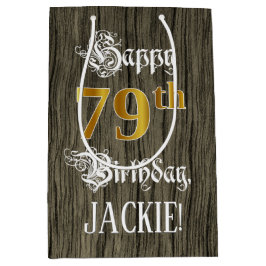 Bolsa De Regalo Mediana 79.º cumpleaños: Faux Gold Look & Faux Wood Patter