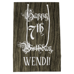 Bolsa De Regalo Mediana 7.º cumpleaños: Fancy, Faux Wood Look + Custom Nam