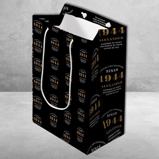 Bolsa De Regalo Mediana 80.ª Moda de oro negro 1944 Elegante (80th Birthday Chic 1944 Themed Black & Gold Elegant Gift Bags.)