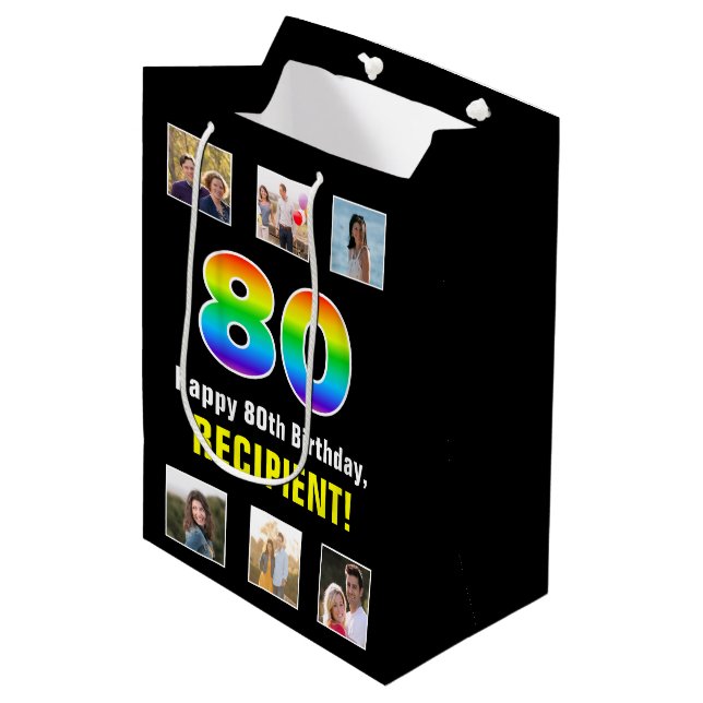 Bolsa De Regalo Mediana 80° cumpleaños: Arcoiris "80", fotos y nombre de P (Angulo Anverso)