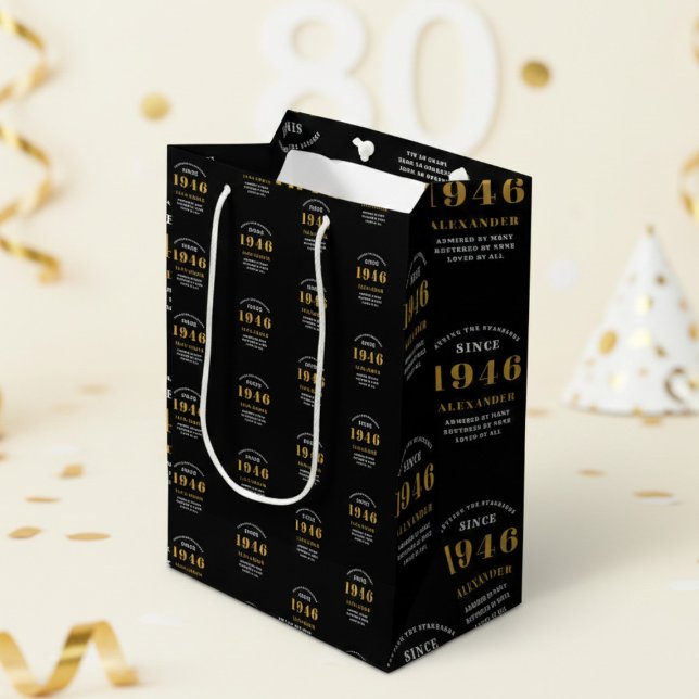 Bolsa De Regalo Mediana 80th Birthday 1946 Black Gold Chic Elegant (Born 1946 birthday gift bag. Background out of focus.)