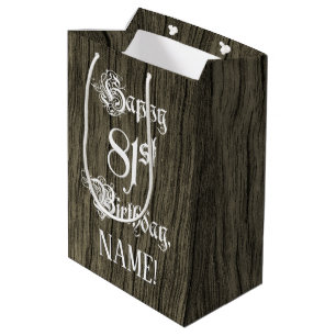 Bolsa De Regalo Mediana 81º cumpleaños: Fancy, Faux Wood Look + Custom Nam