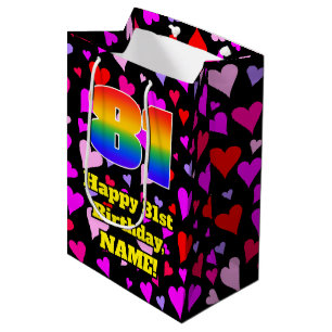 Bolsa De Regalo Mediana 81° cumpleaños: Patrón de corazones amorosos, arco