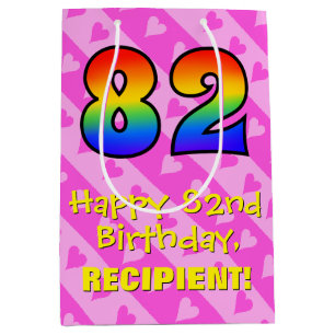 Bolsa De Regalo Mediana 82 cumpleaños: Divertidas rayas de corazones rosad