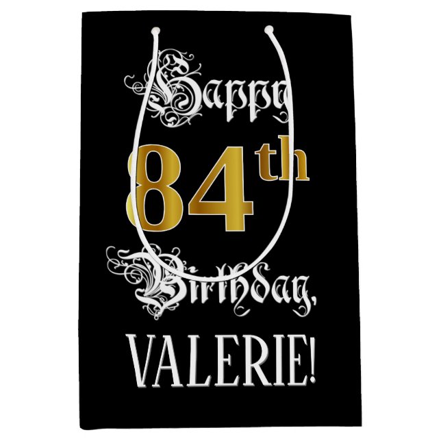 Bolsa De Regalo Mediana 84th Birthday ~ Fancy Script; Faux Gold Look; Name (Anverso)