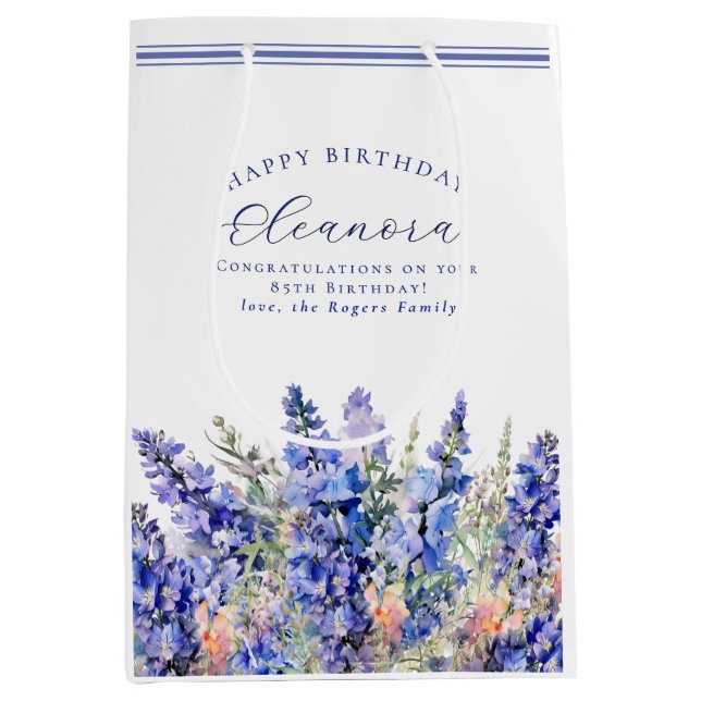Bolsa De Regalo Mediana 85 Aniversario Julio Mes de Nacimiento Flor Azul (Anverso)