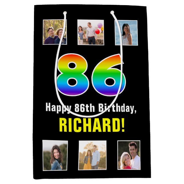 Bolsa De Regalo Mediana 86º cumpleaños: Arcoiris "86", fotos y nombre de P (Anverso)