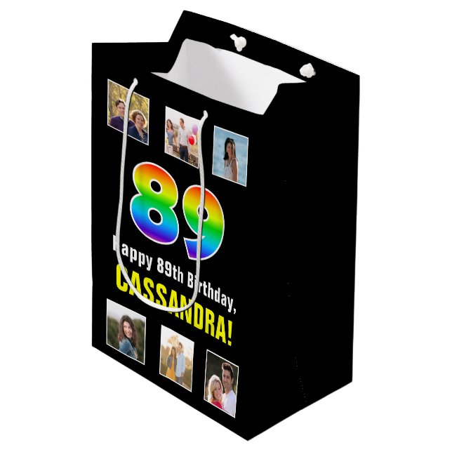 Bolsa De Regalo Mediana 89º cumpleaños: Arcoiris "89", fotos y nombre de P (Angulo Anverso)