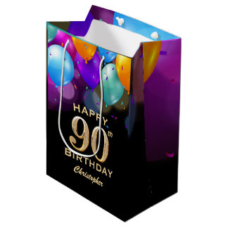 Bolsa De Regalo Mediana 90.ª fiesta de cumpleaños Globos de oro y negro