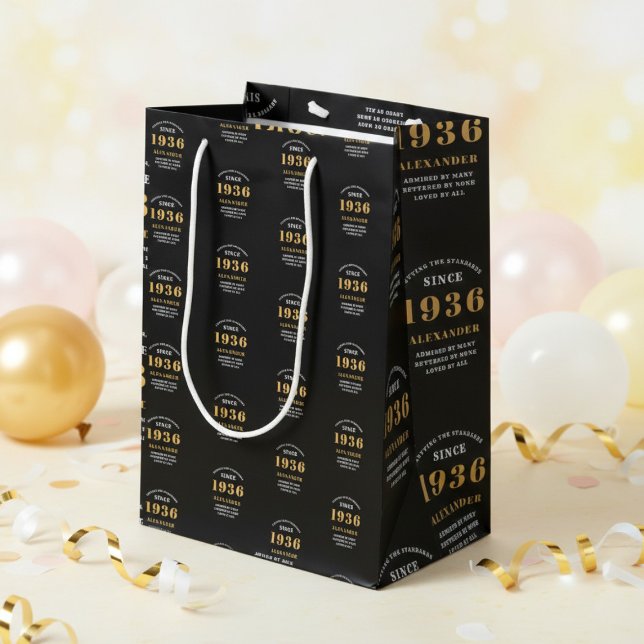 Bolsa De Regalo Mediana 90th Birthday 1936 Black Gold Chic Elegant (Born 1936 birthday gift bag. Background out of focus.)