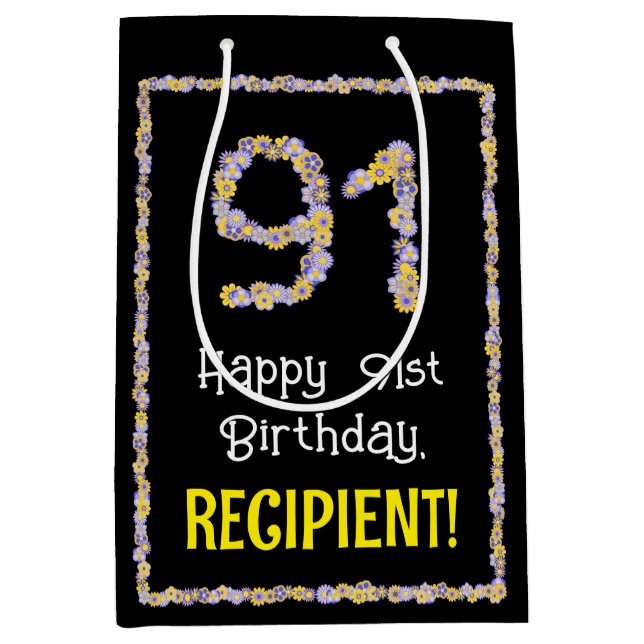 Bolsa De Regalo Mediana 91º cumpleaños: Flores florales número, nombre per (Anverso)