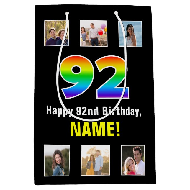 Bolsa De Regalo Mediana 92º cumpleaños: Arcoiris "92", fotos y nombre de P (Anverso)