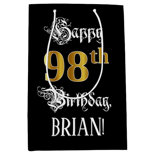 Bolsa De Regalo Mediana 98º cumpleaños ~ guión de moda; aspecto de oro fal (Anverso)