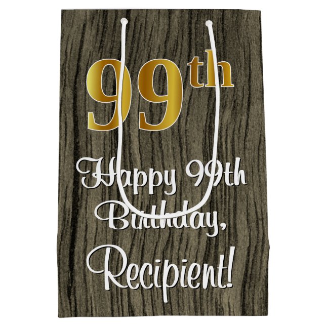 Bolsa De Regalo Mediana 99º cumpleaños: Elegante Faux Gold Look #, Faux Wo (Reverso)