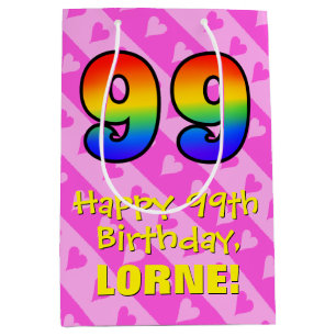 Bolsa De Regalo Mediana 99º cumpleaños: Rayas de corazón rosadas divertida