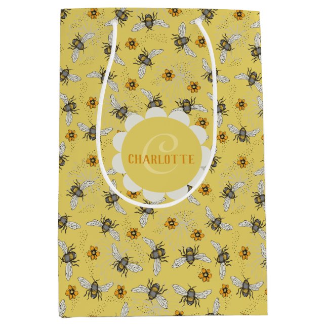 Bolsa De Regalo Mediana Abeja Melífera Amarilla de Moda Zumbando Primavera (Anverso)