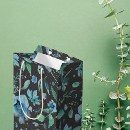 Bolsa De Regalo Mediana Acuarela Azul sobre Floral Gris Oscuro