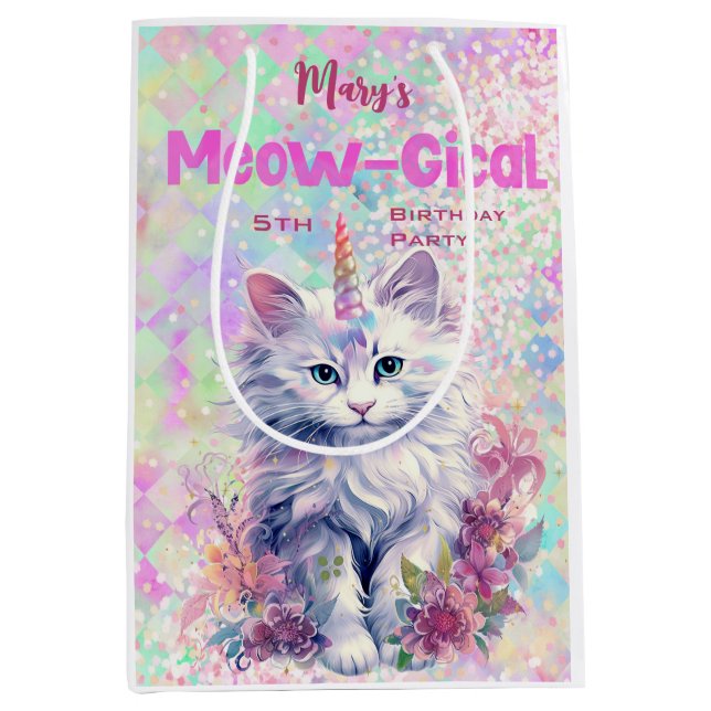 Bolsa De Regalo Mediana Acuarela Caticorn Meow-Gical Cumpleaños (Anverso)