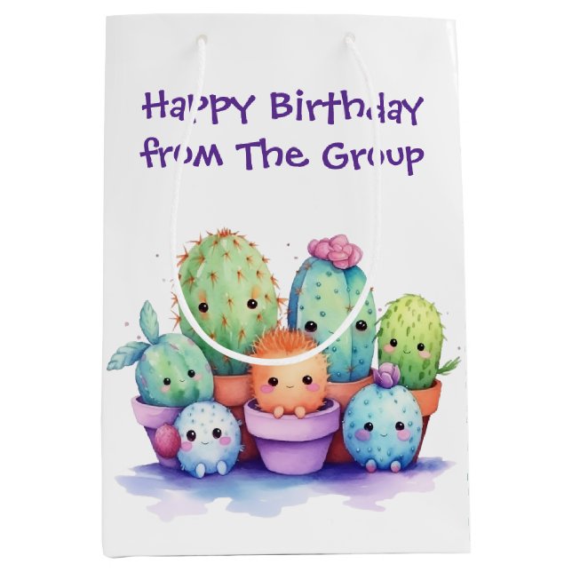 Bolsa De Regalo Mediana Acuarela Cumpleaños Cacti del grupo (Anverso)