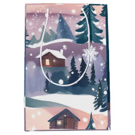 Bolsa De Regalo Mediana Acuarela De Cabina De Montaña De Nieve